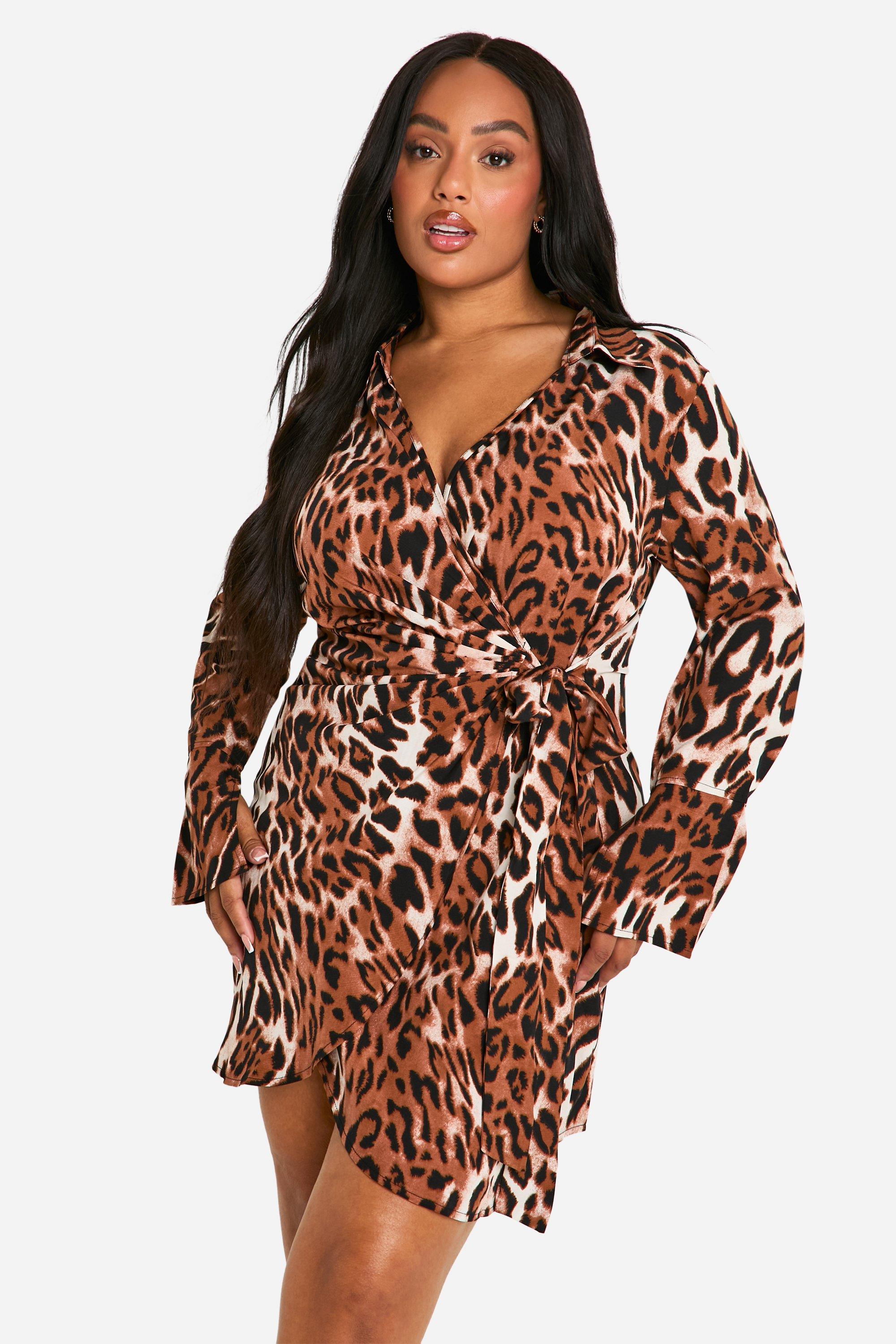 Plus Leopard Print Wrap Shirt Dress, Multi