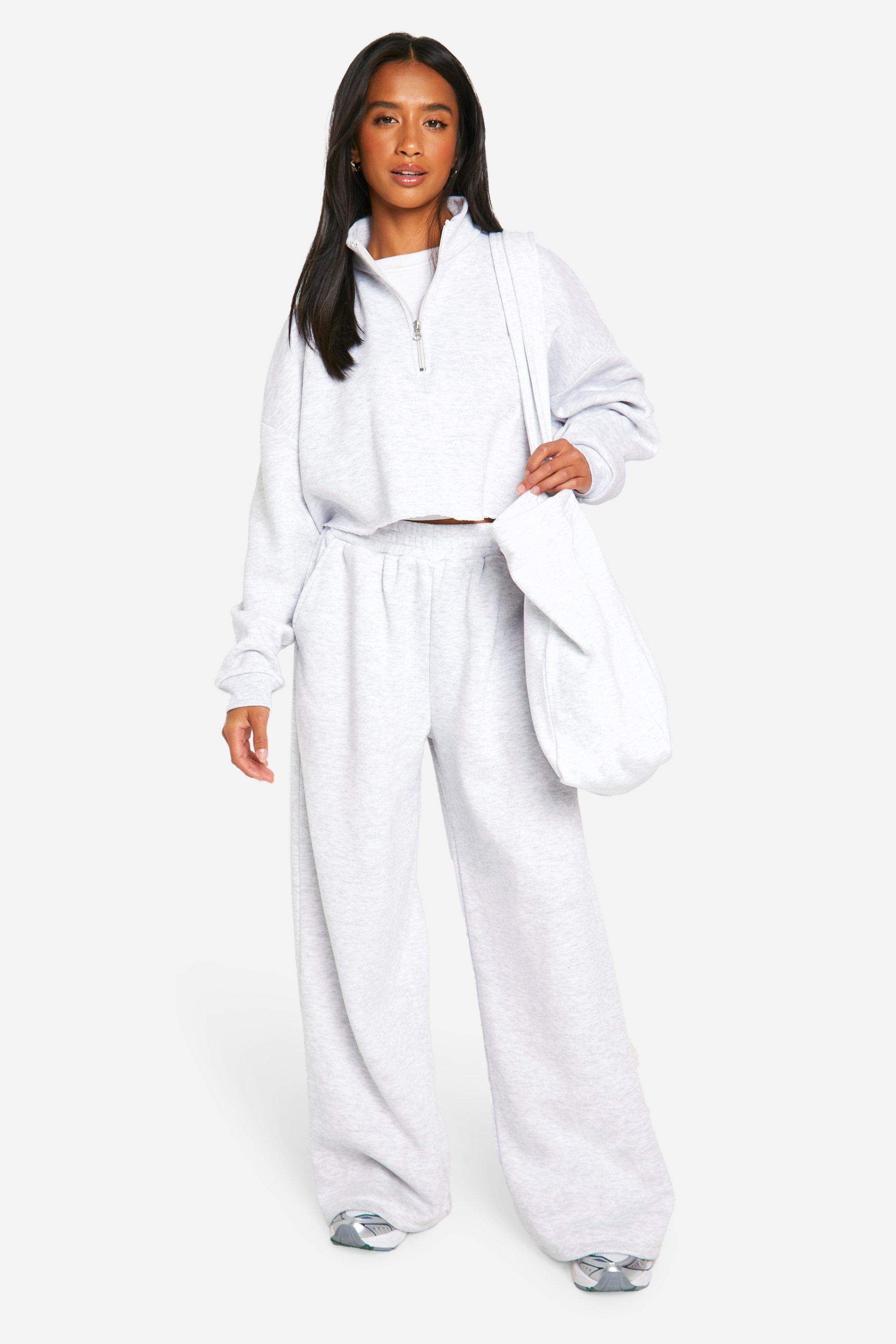 Petite Half Zip Cropped Sweatshirt Wide Leg Tracksuit, Grigio