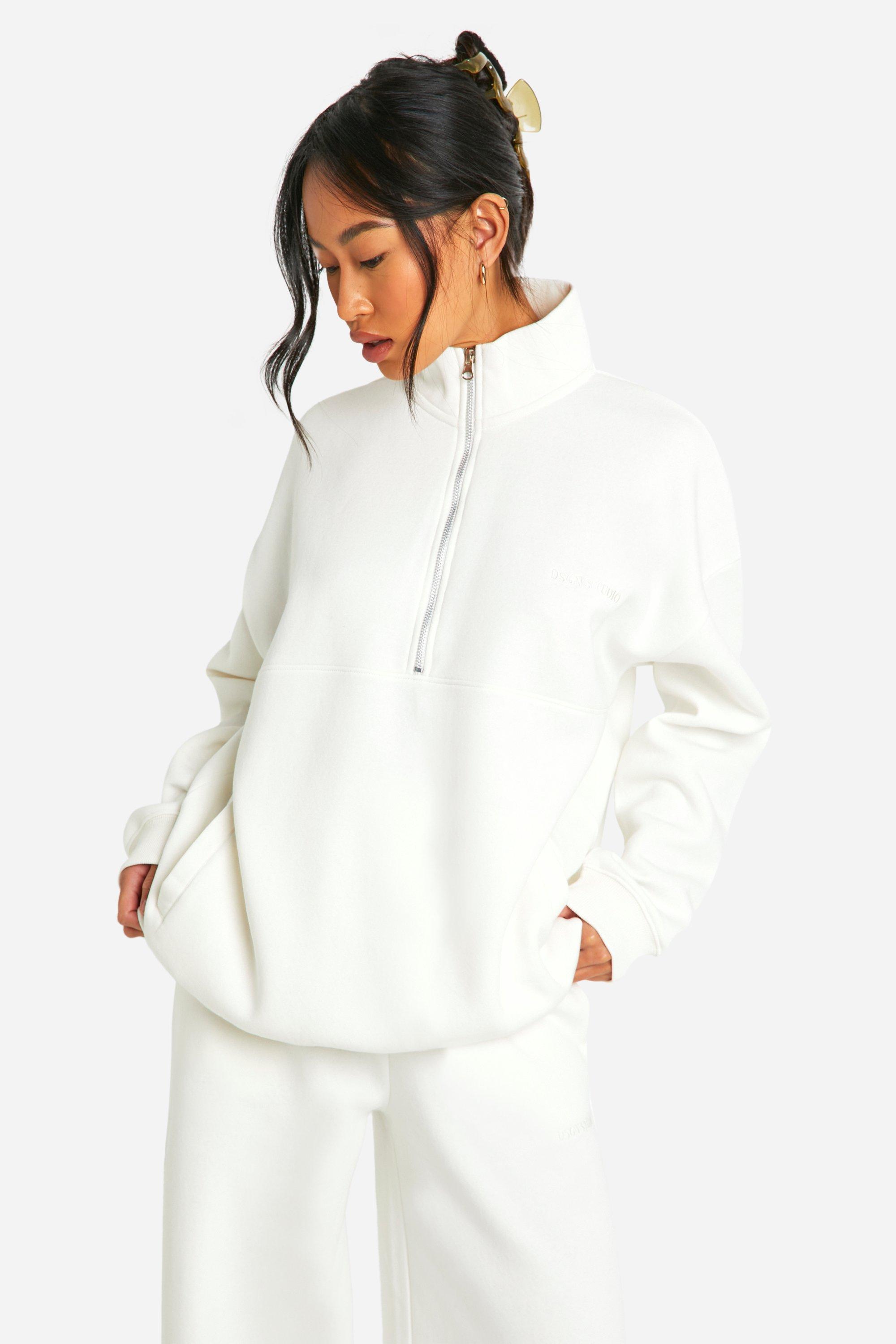 Dsgn Studio Embroidered Half Zip Oversized Sweatshirt, Cream