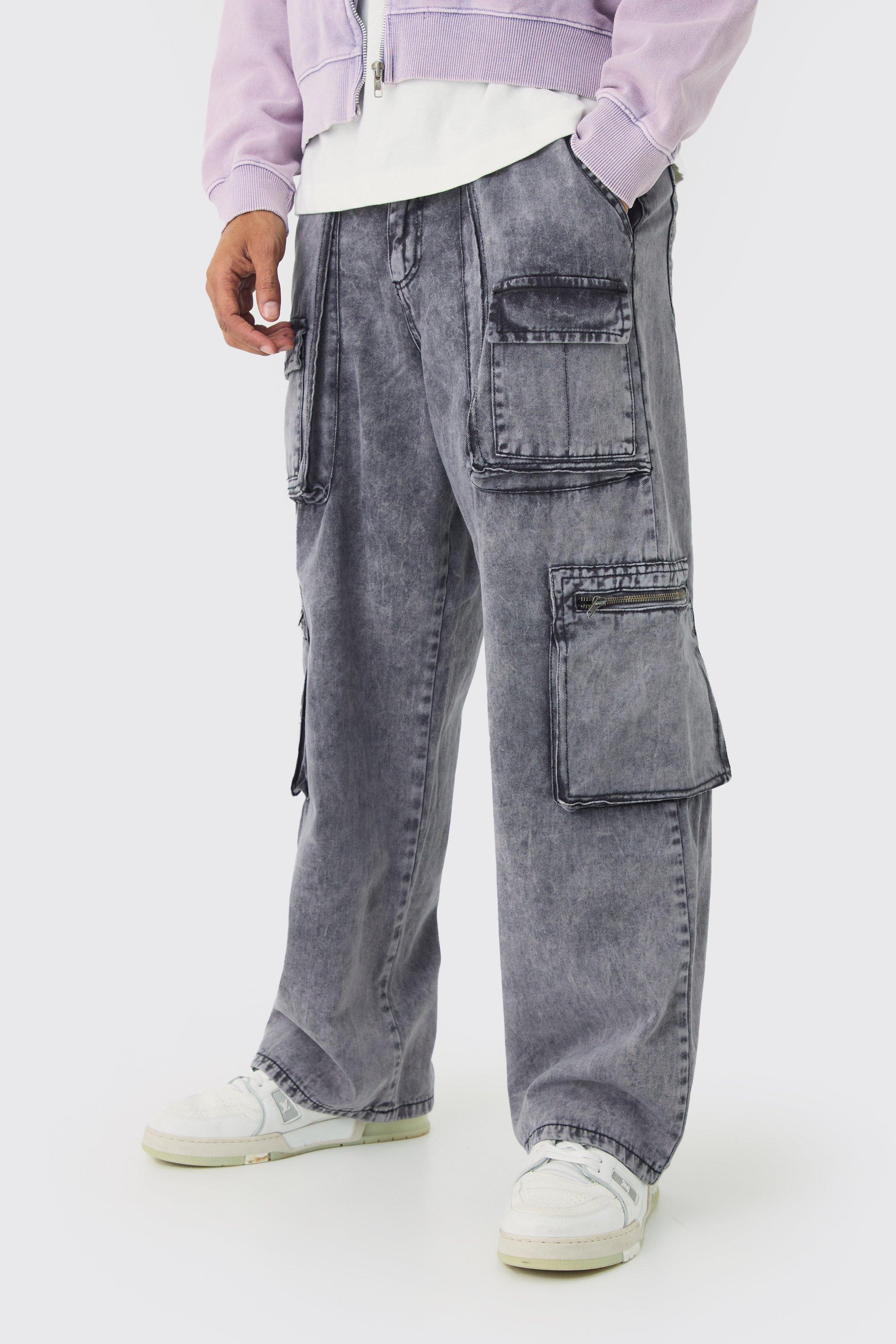 Fixed Waist Washed Baggy Cargo Trouser, Grigio