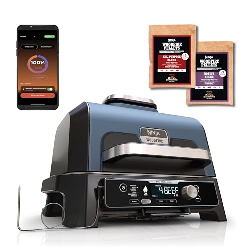 Ninja Woodfire Pro Connect Xl Barbecue Elettrico, Griglia, Affumicatore, Friggitrice Ad Aria 7 In 1, Controllo Con App, Termometro Digitale, Pellet Wo