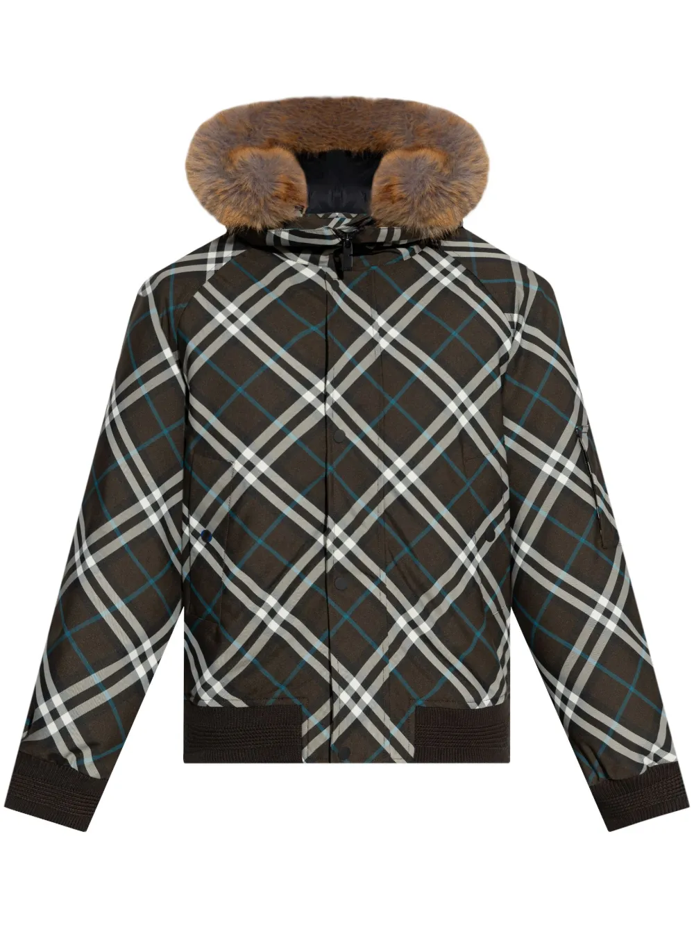 Burberry faux fur-trim checkered bomber jacket - Marrone