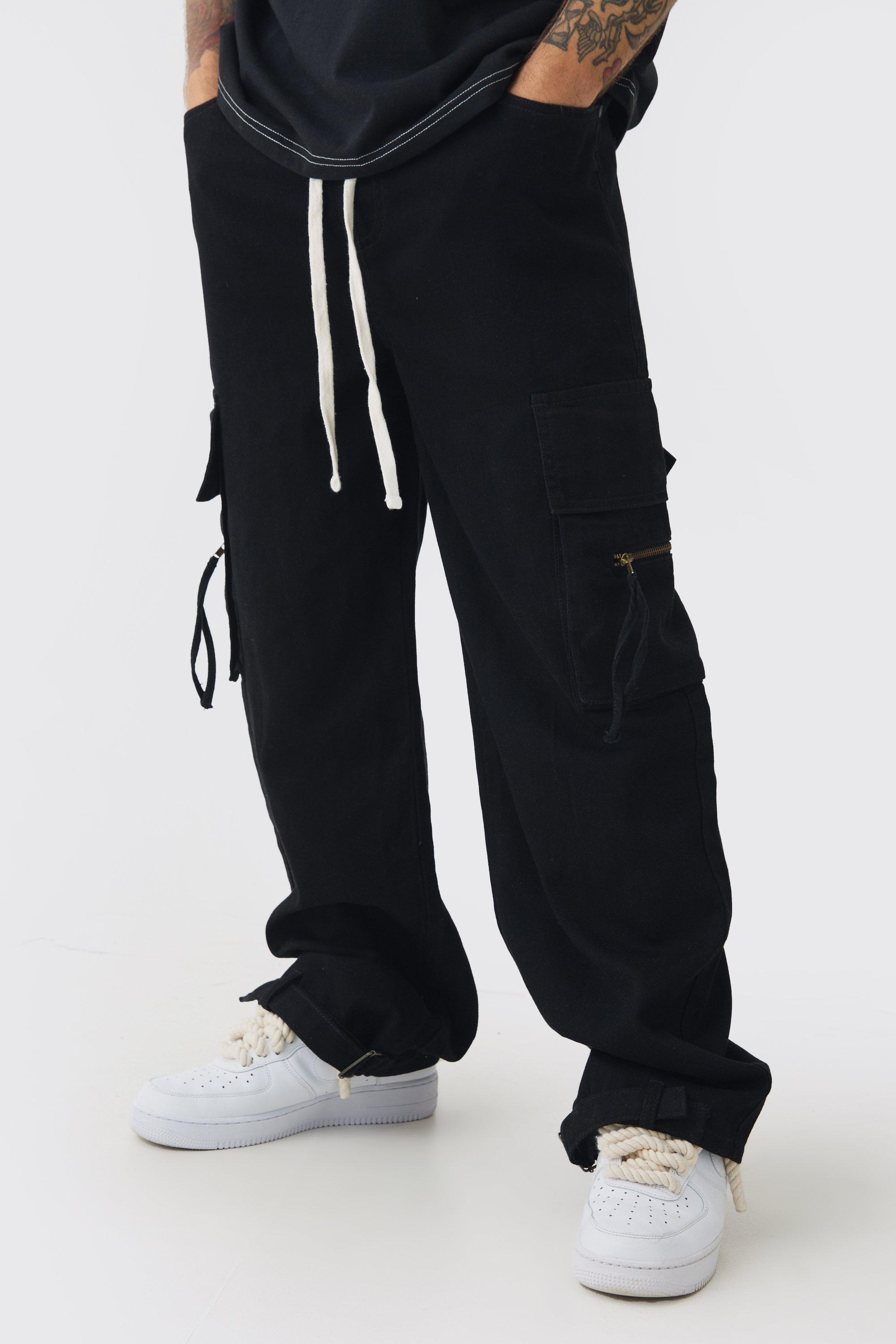 Baggy Fit Elasticated Waist Extended Drawcord Cargo Trousers, Nero