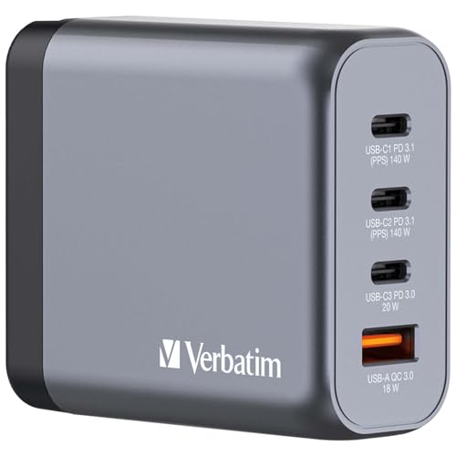 Verbatim Gan Charger 140W 4 Porte Usb-C Caricabatterie Power Adapter Con 3 X Usb-C E 1 X Usb-A Caricatore Rapido Multipresa Per Apple Macbook, Noteboo