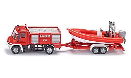 Siku 1636, Camion Dei Pompieri Unimog Con Gommone, Metallo E Plastica, Rosso, Gommone Galleggiante