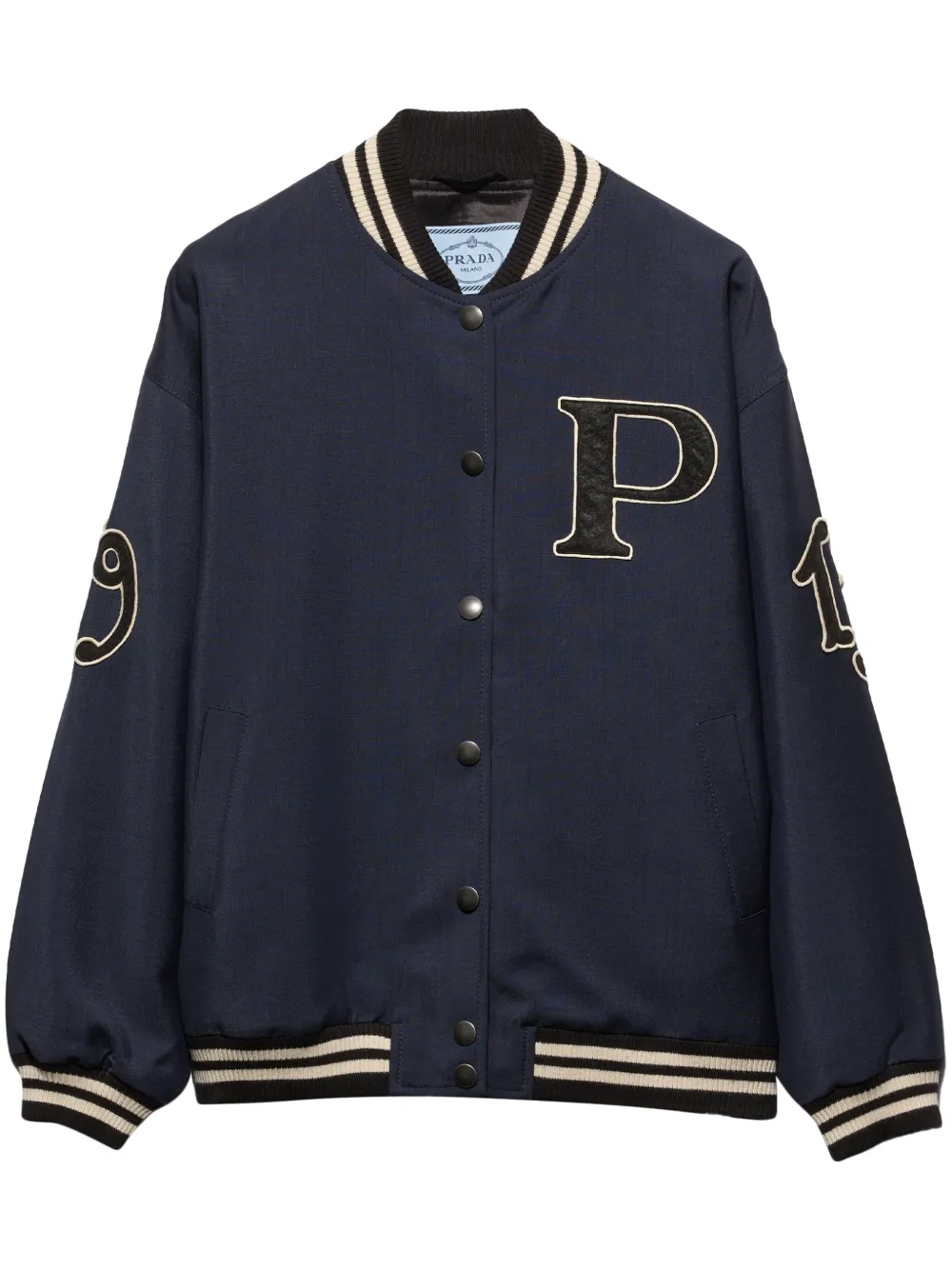Prada letter-patch appliqué bomber jacket - Blu