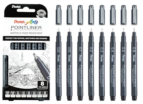 Pentel Pointliner Pigment Liner S20P - Pennarelli A Punta Fine, 0,03 Mm, 0,05 Mm, 0,1 Mm, 0,2 Mm, 0,3 Mm, 0,4 Mm, 0,5 Mm, 0,8 Mm, Inchiostro Nero, Con
