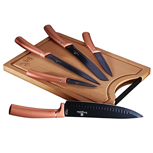 Berlingerhaus Bh-2575, Rose Gold Set Di 5 Coltelli Da Cucina Professionali, Tagliere In Bambù, Lama In Acciaio Inossidabile, Rivestimento Antiaderente