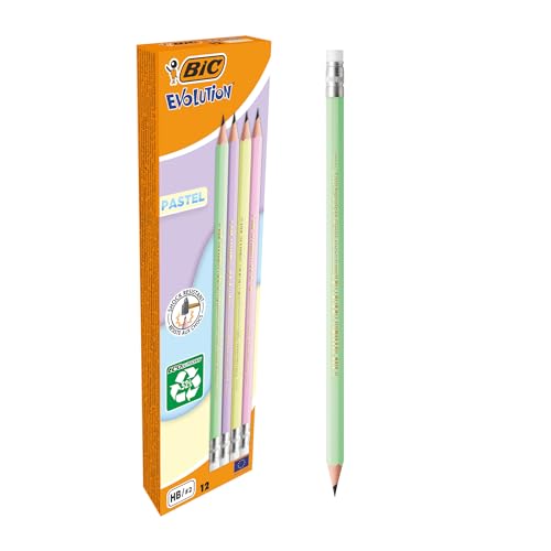 Matite In Grafite Bic Evolution Pastel Con Gomma Per Cancellare E Mina Hb Resistente Agli Urti - 4 Diversi Colori Del Fusto, Pacco Da 12