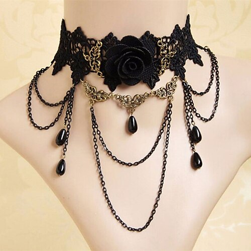 Girocolli Collane con ciondolo For Per donna Feste Halloween Mascherata Pietre sintetiche Cristallo Pizzo Multistrato Nero