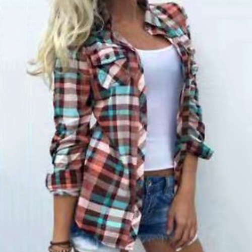 Per donna Camicia Blusa Shacket Giallo Rosso Blu A quadri Color Block Pulsante Stampa Manica lunga Giornaliero Fine settimana Streetwear Informale Col