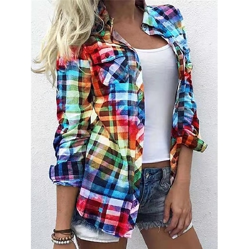Per donna Camicia Blusa Shacket Giallo Rosso Blu A quadri Color Block Pulsante Stampa Manica lunga Giornaliero Fine settimana Streetwear Informale Col