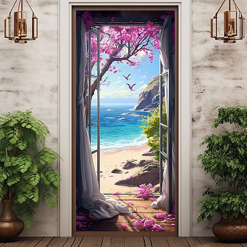 vista della finestra spiaggia porta copre decorazione murale porta arazzo tenda della porta decorazione sfondo porta banner rimovibile per porta d'ing