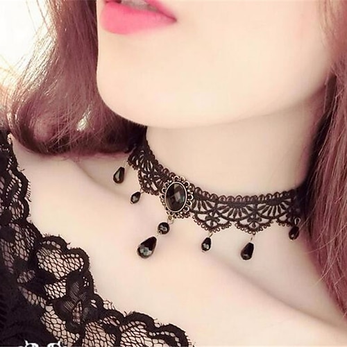 Girocolli Collane con ciondolo For Per donna Feste Halloween Mascherata Pietre sintetiche Cristallo Pizzo Multistrato Nero