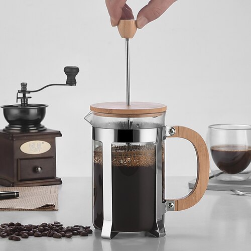 Caffettiera French Press in bambù con doppio filtro, French Press, caffettiera in vetro borosilicato resistente al calore e addensata