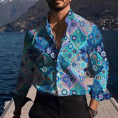 gita in barca camicia grafica da uomo boho blocco di colore stampe tribali vintage couverture giallo blu strada all'aperto manica lunga abbigliamento 