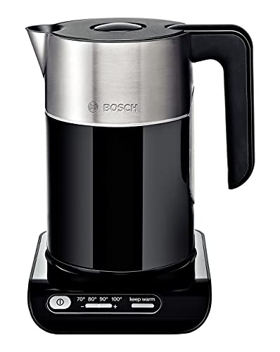 Bosch Hausgeräte Twk8613 Styline - Bollitore Elettrico In Plastica Con Inserti In Acciaio Inox, 1,5 L, 2000-2400 Watt Max), Colore: Nero/Argento