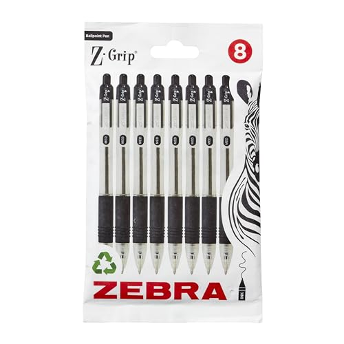 Zebra Pen Z Grip - Penne A Sfera Nere Con Clip Da Tasca, 8 Pezzi, Penne A Sfera Retrattili Con Inchiostro Nero, Affidabili Penne Biro Nere Multipack P