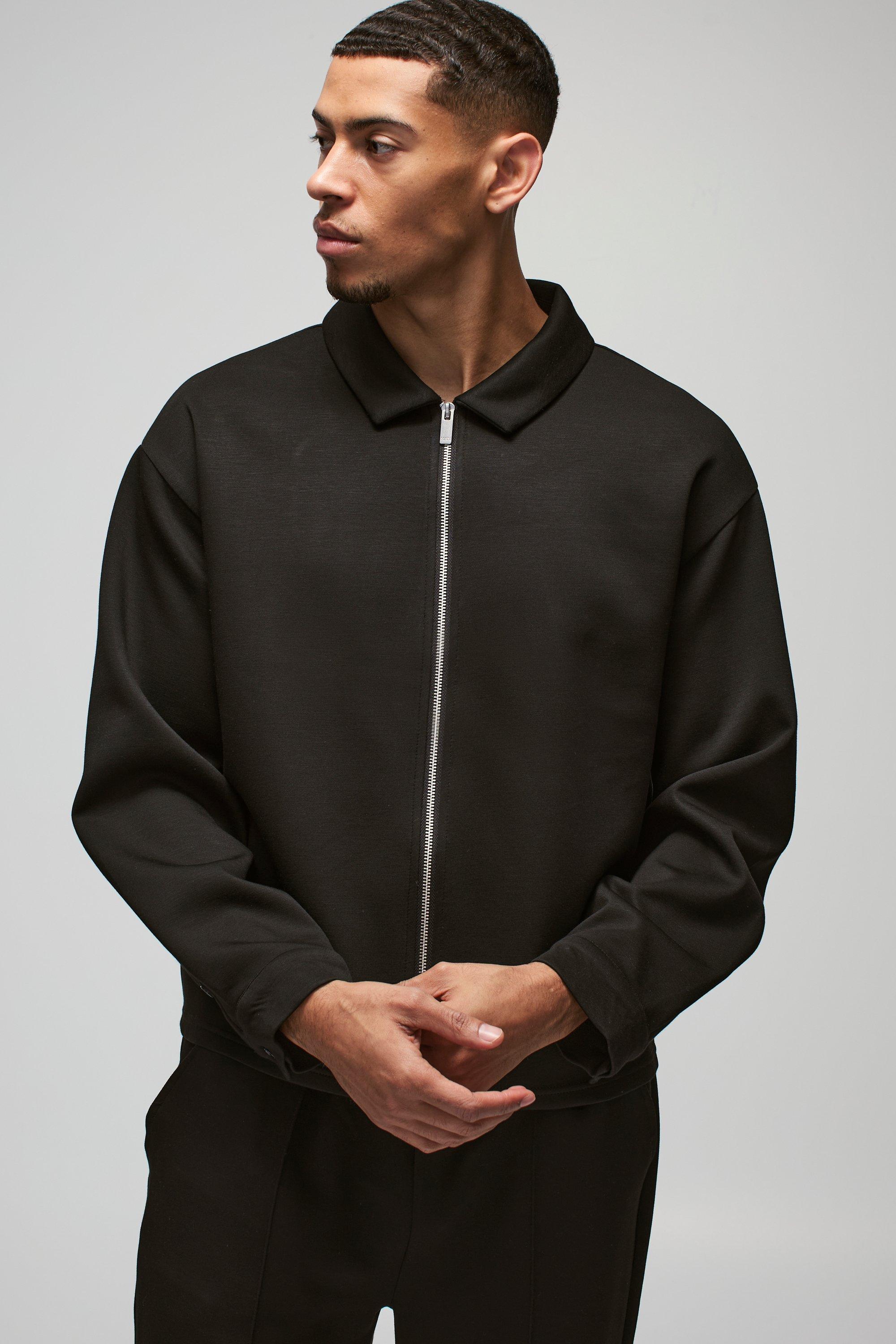 Oversized Boxy Zip Through Scuba Shirt, Nero
