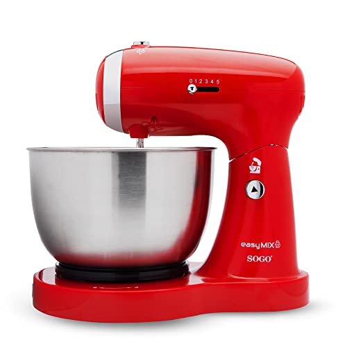 Sogo Ss-14506 3-In-1 Food Processor, Mixer And Mixer With Rotary Bowl, Stainless Steel Sticks And Hook, 5 Speeds, 3.2 Litre (Red)
