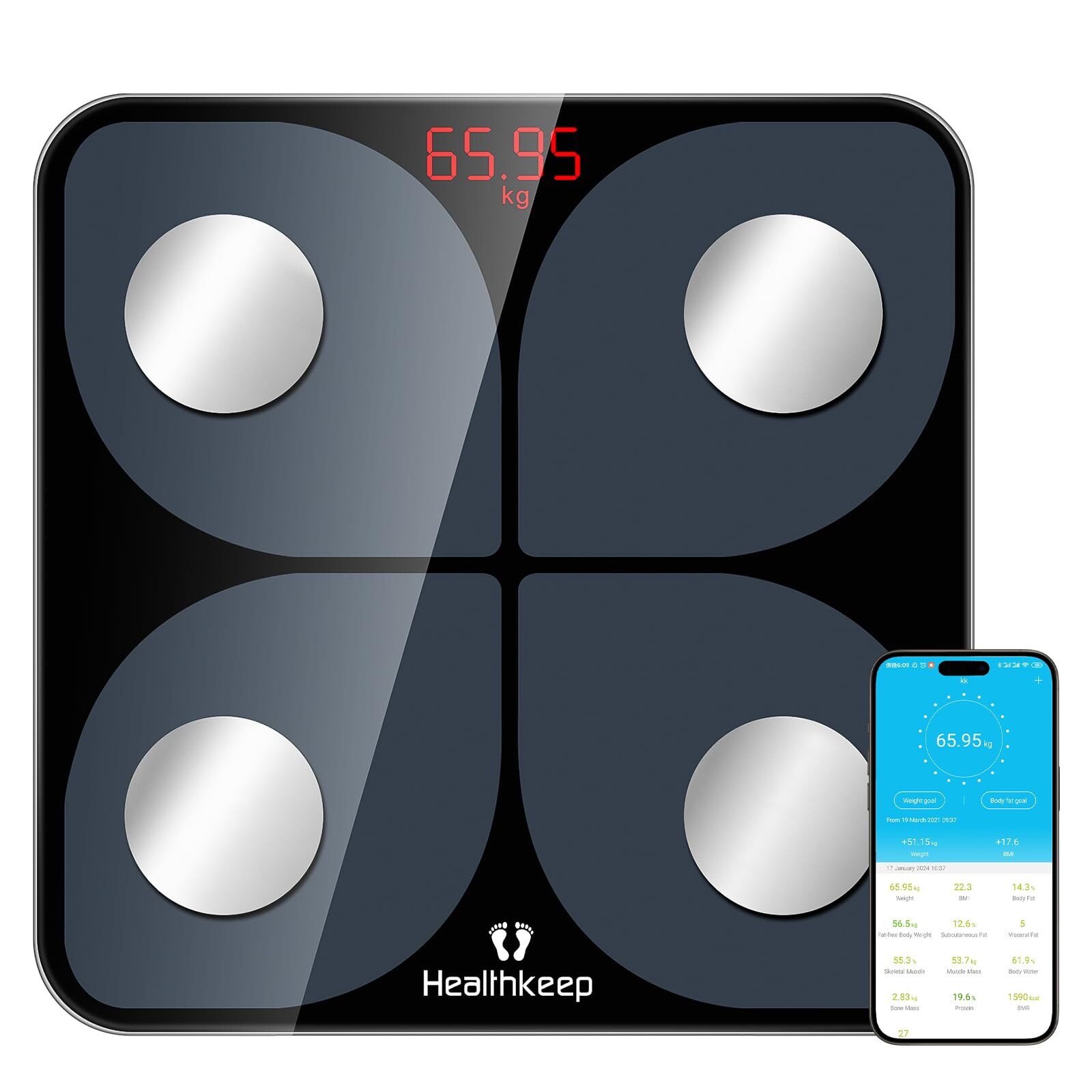 Healthkeep Personenwaage, mit Bluetooth, Körperanalysewaage, mit App, 1