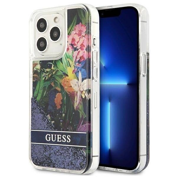 Cover Guess GUHCP13LLFLSB iPhone 13 Pro - blue hardcase Flower Liquid Glitter