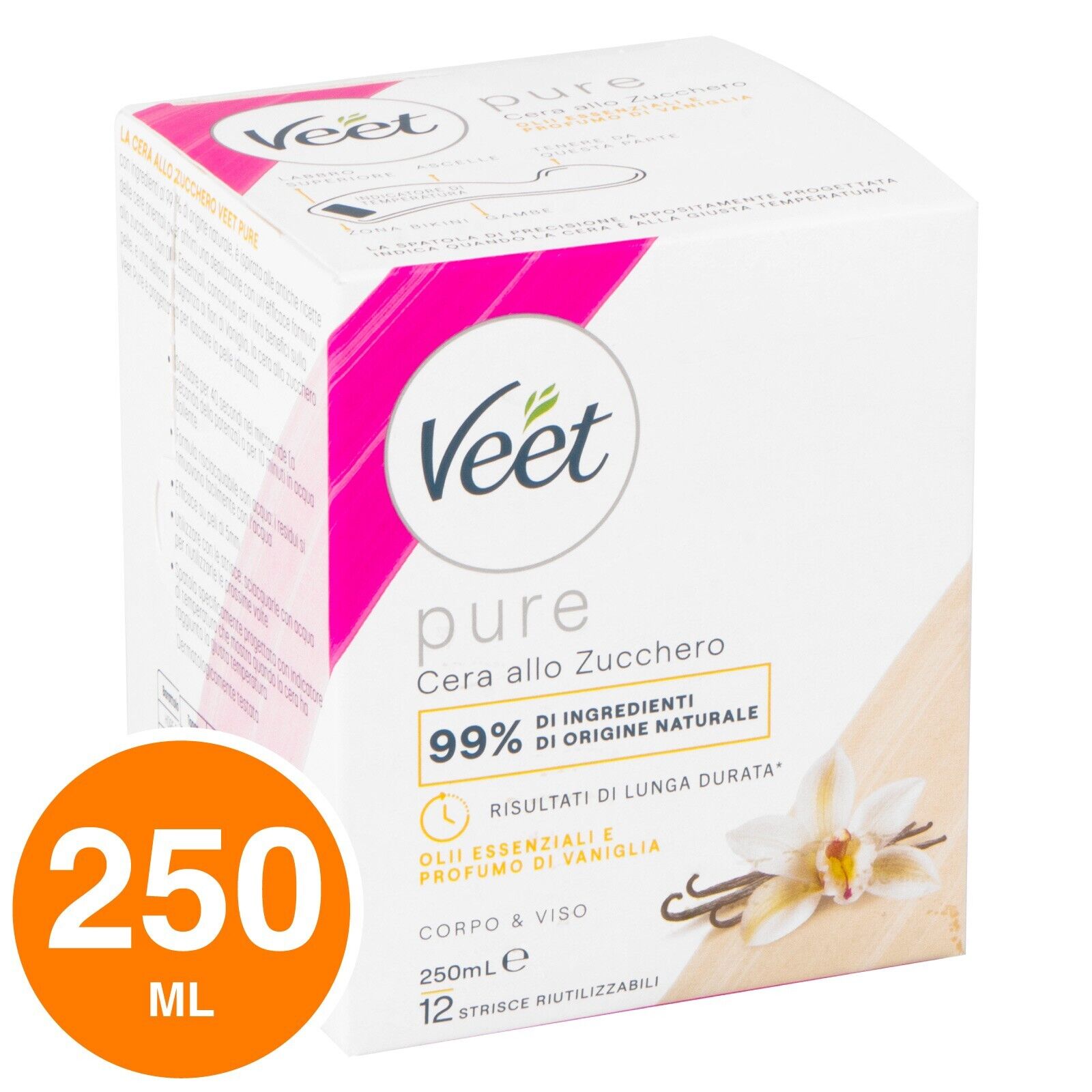 Veet Pure Cera Zucchero a Caldo Ceretta Spatola e Strisce per Depilazione 250ml