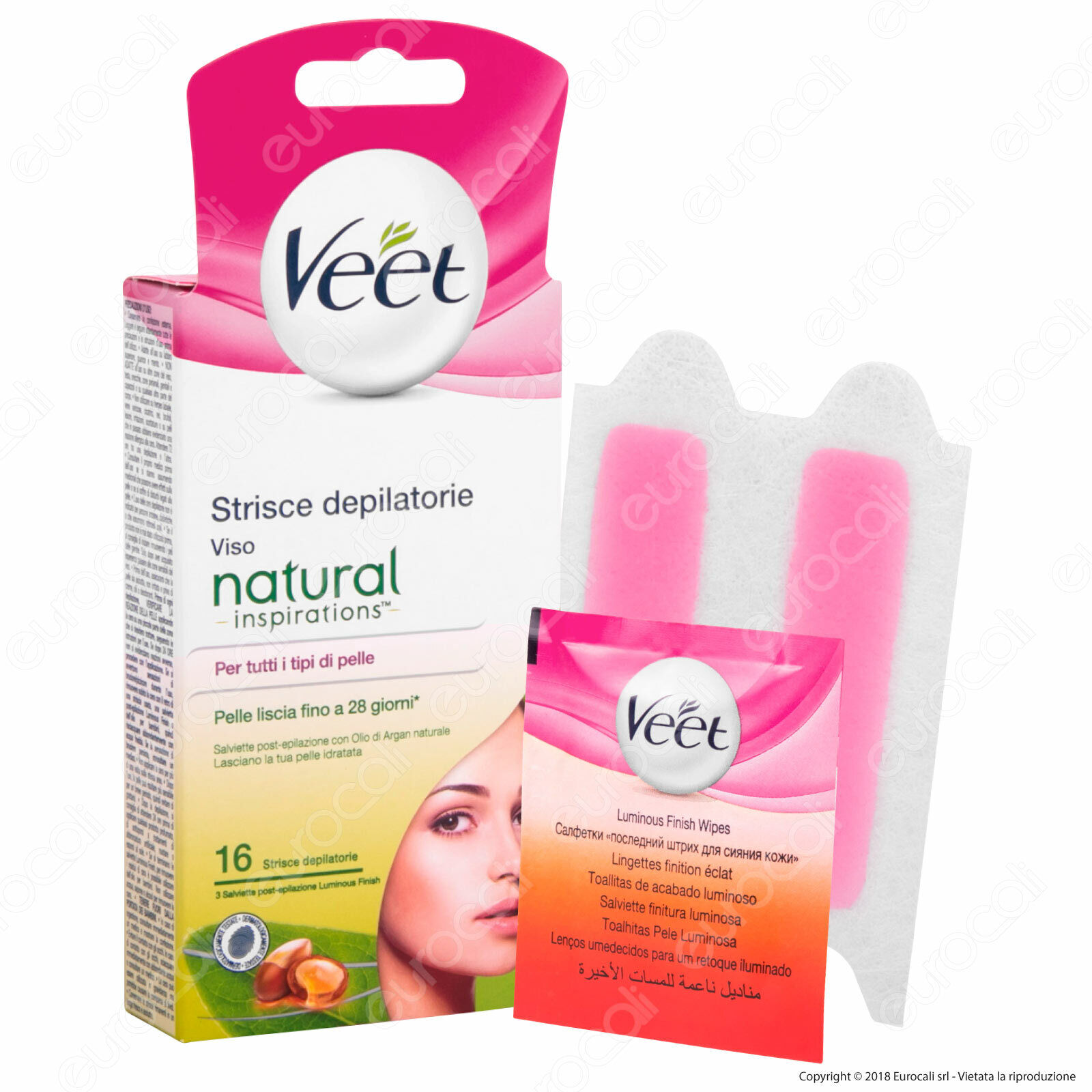 Veet Strisce Depilatorie Viso Natural Inspirations Tutti i Tipi di Pelle - 16 pz