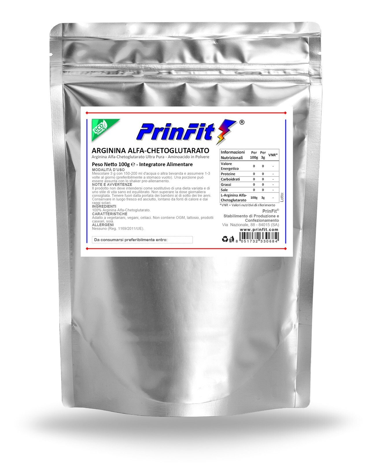 100 g - Arginina e AKG Polvere Ossido Nitrico Vigore Sessuale Erezione - PrinFit