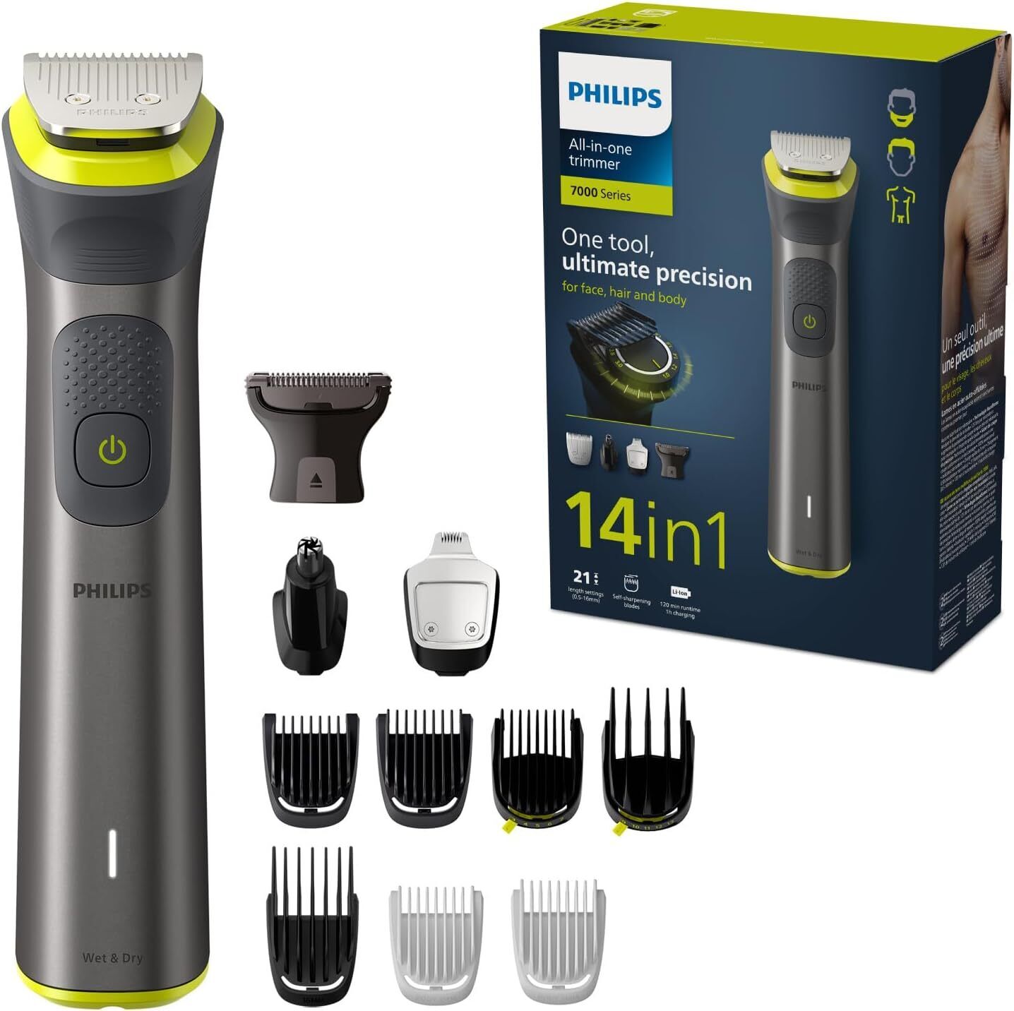 Rifinitore All-in-One Philips serie 7000, Multigroom 14 in 1 per viso, Black