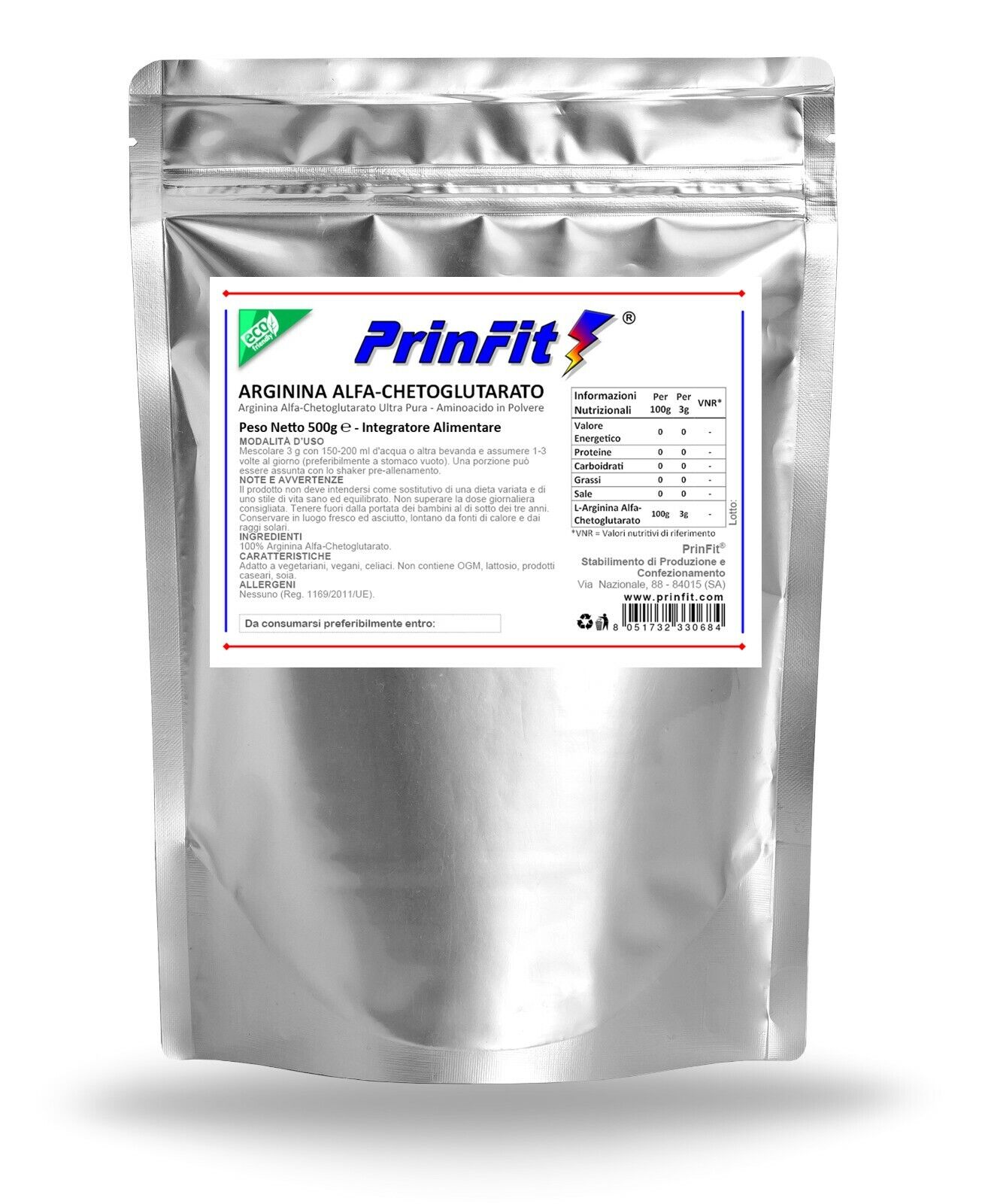 500 g - Arginina e AKG Polvere Ossido Nitrico Vigore Sessuale Erezione - PrinFit