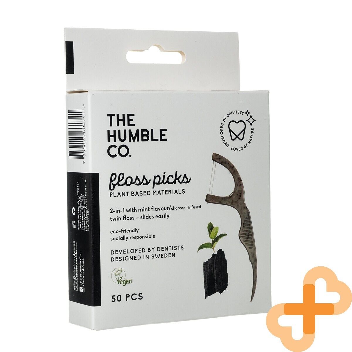 HUMBLE Interdental Floss Picks con supporto carbone attivo 50 pezzi. Gusto menta
