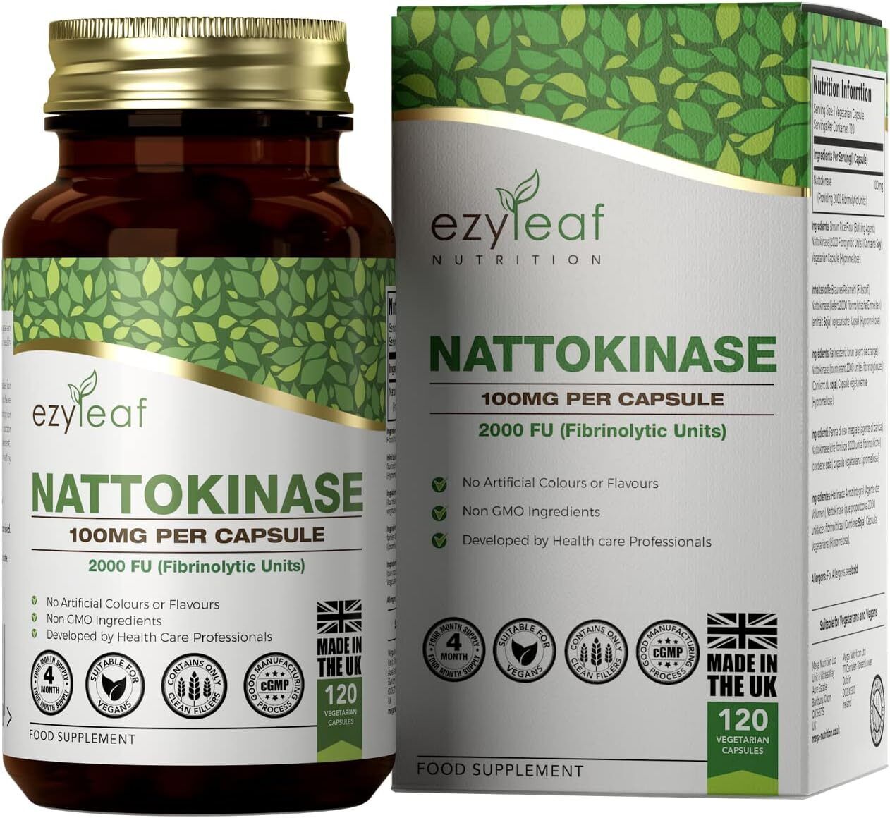Ezyleaf Nattokinase 100 mg 2000 FU | 120 Capsule Vegane | Enzima Proteico...