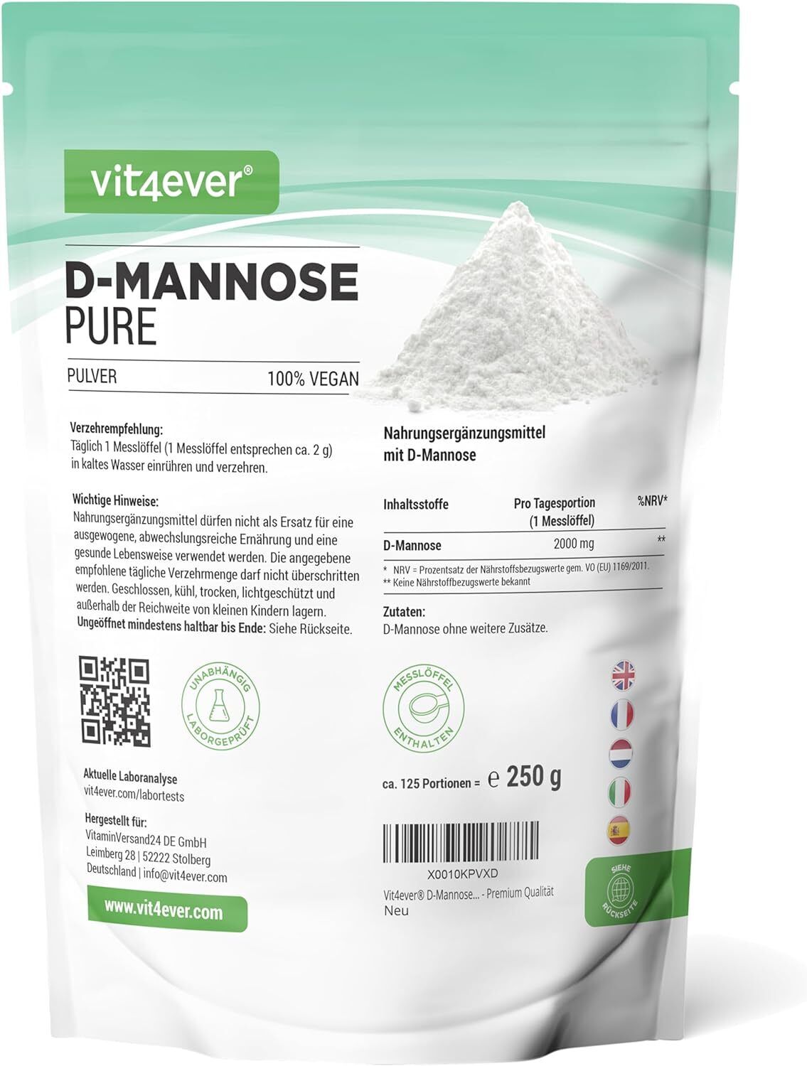 Vit4ever D-Mannosio in polvere - 250 g - (4,1 mesi di fornitura) - Da...