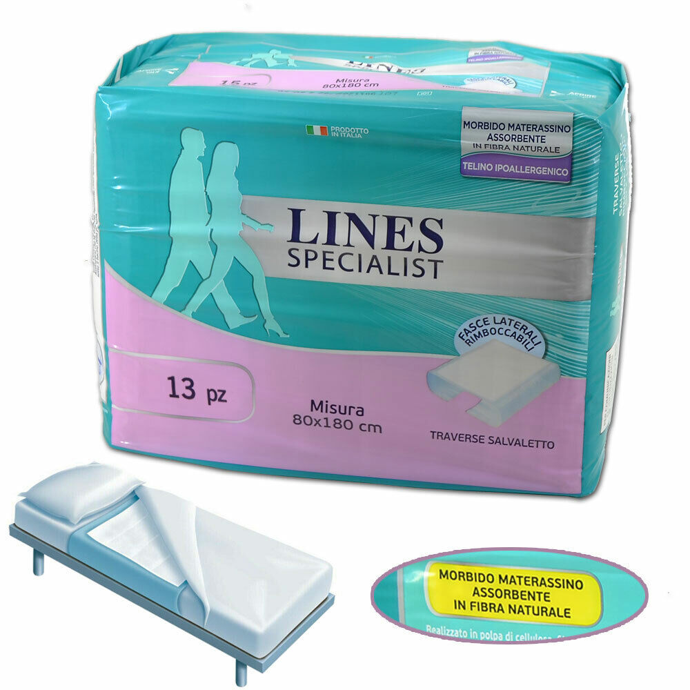 13 Traverse assorbenti LINES SPECIALIST monouso rimboccabili per letto 80X180 cm