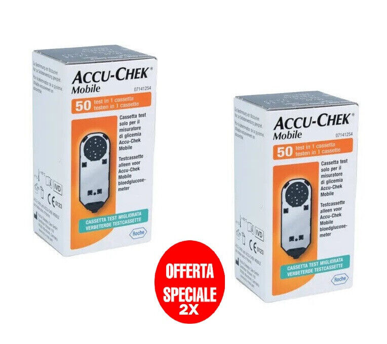 2X ACCU CHEK MOBILE CASSETTA 100 TEST Per il CONTROLLO della GLICEMIA 06-2025