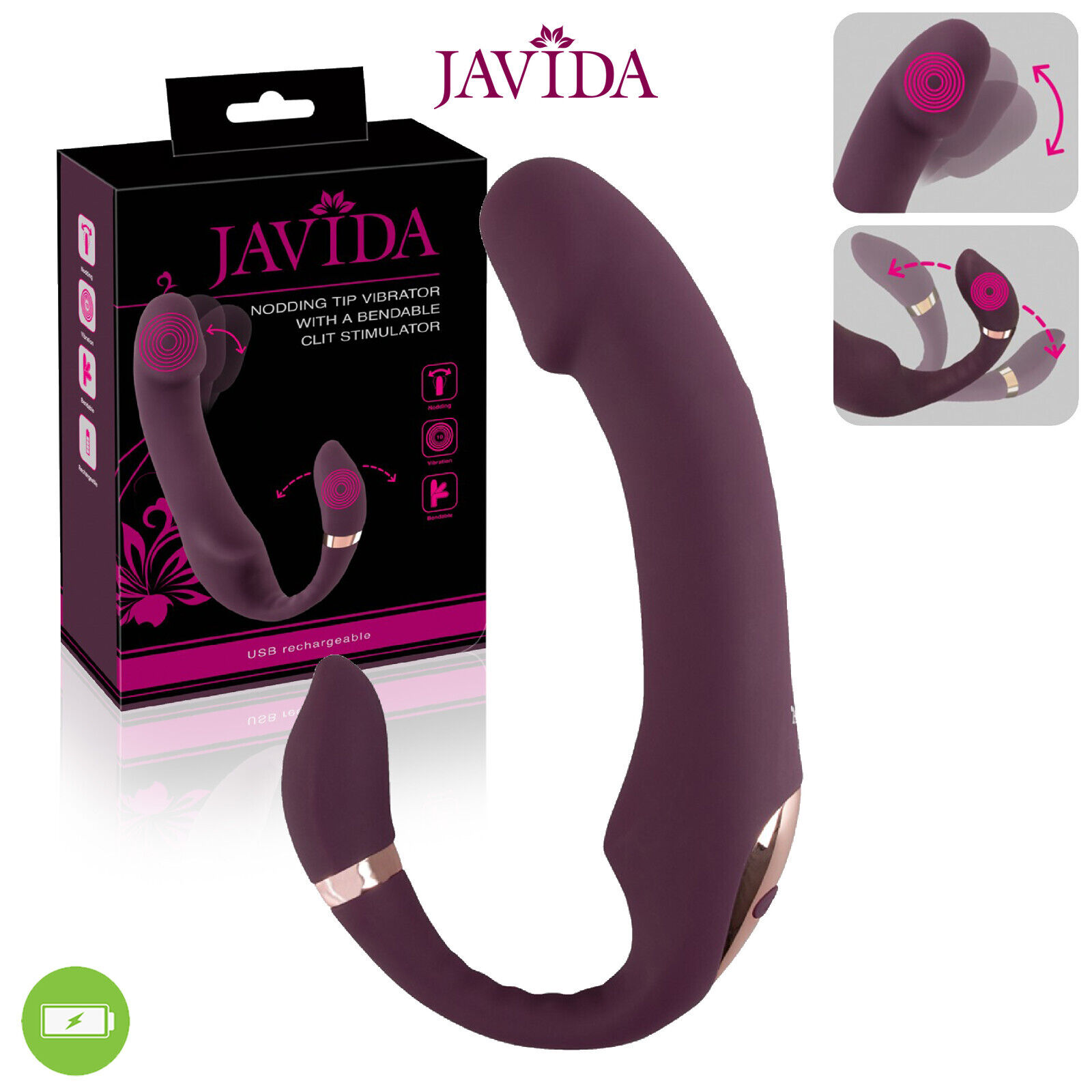 JAVIDA Nodding Tip Vibrator with Bendable Clit Stimulation - Vibratore Doppio