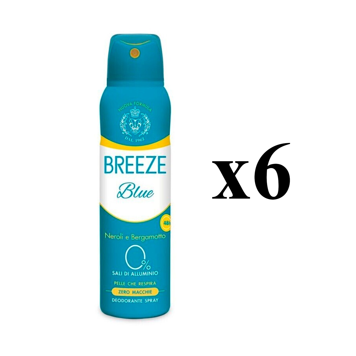 6x BREEZE Blue - Deodorante Spray Neroli e Bergamotto - Zero Macchie, 150 ml