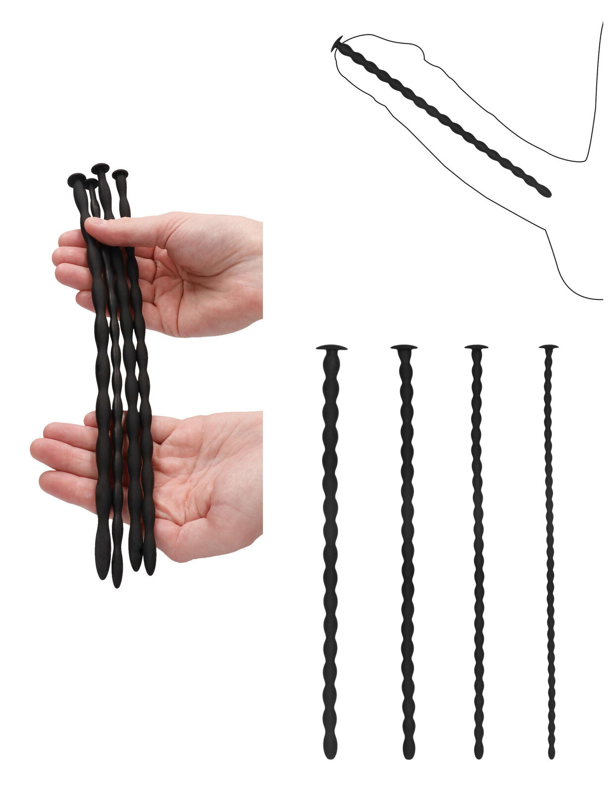 Kit 4pz sonda uretrale a spirale dilatatore per pene uomo plug in silicone nero