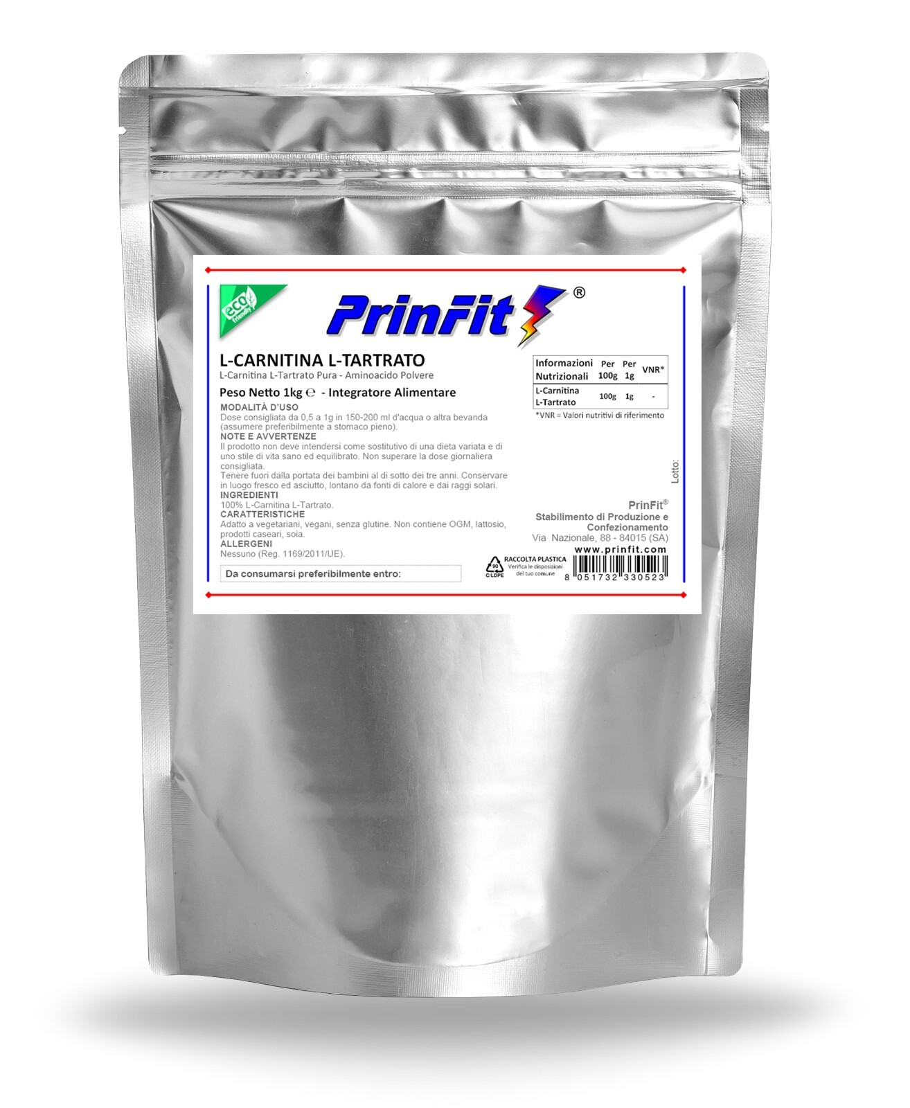 1 kg - Carnitina Tartrato Polvere Pura - Brucia Grassi Dimagrante ECA - PrinFit