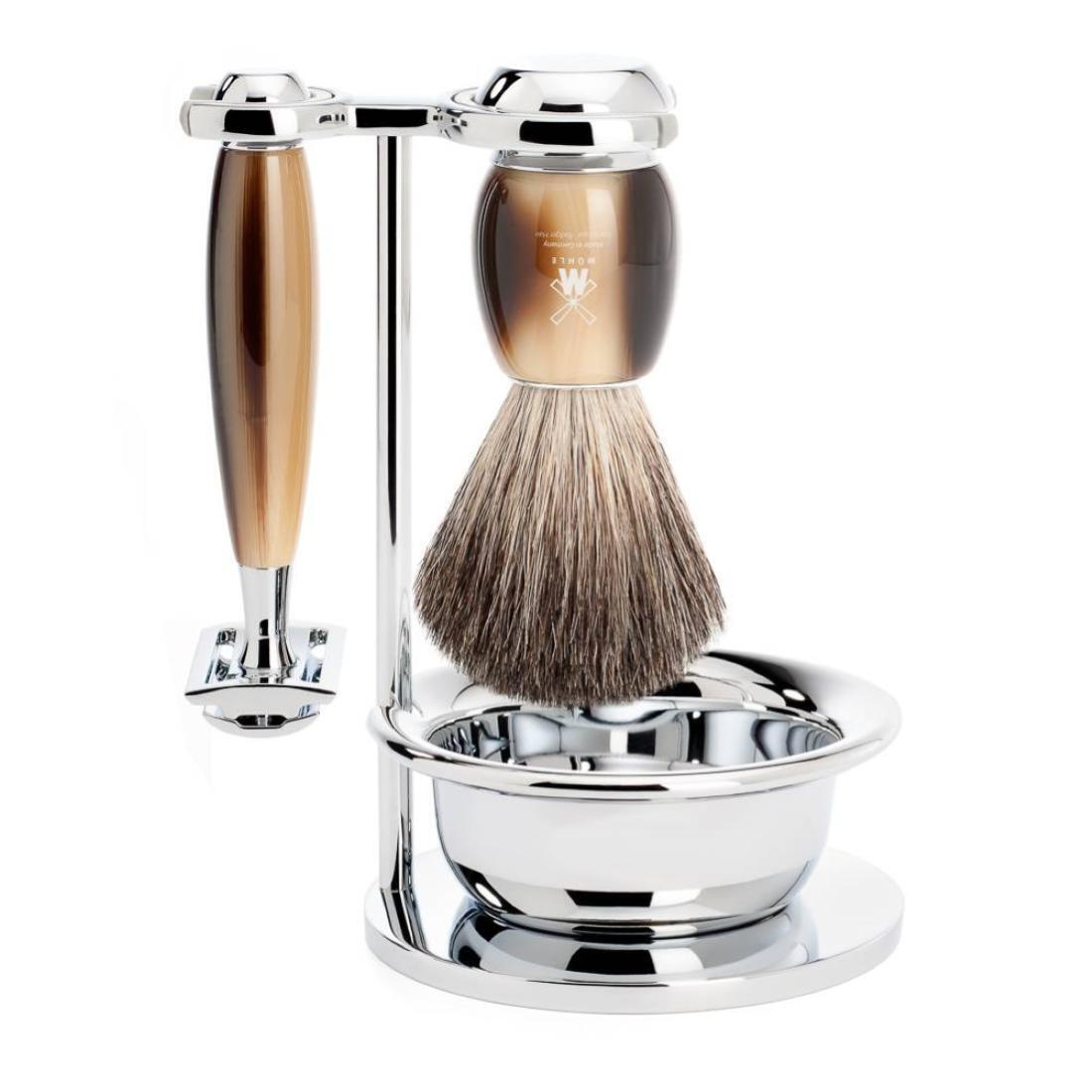 COMPLETO MUHLE INTRO  FINTO CORNO 4 PEZZI RASOIO SICUREZZA PENNELLO TASSO
