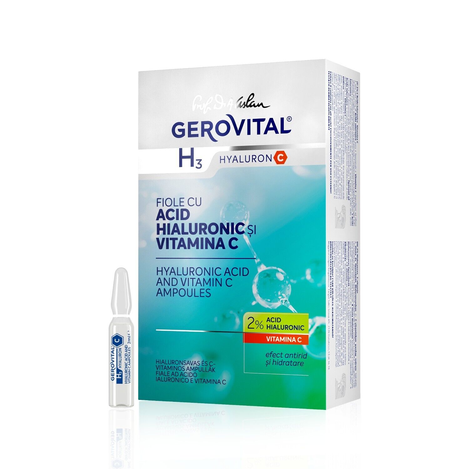 Fiale Antirughe con 2% Acido Ialuronico e Vitamina C, Gerovital H3 Hyaluron C