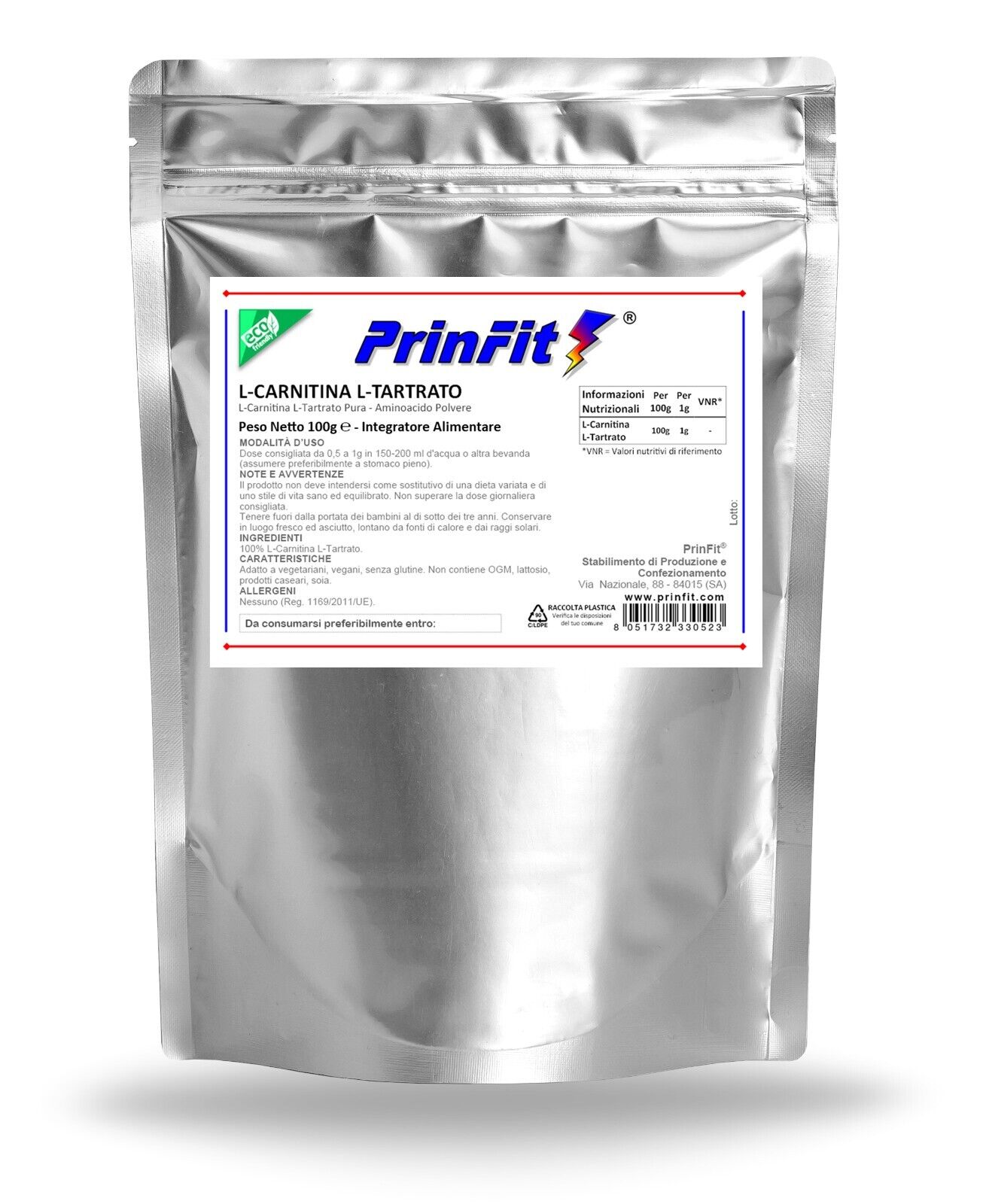 100 g - Carnitina Tartrato Polvere Pura - Brucia Grassi Dimagrante ECA - PrinFit