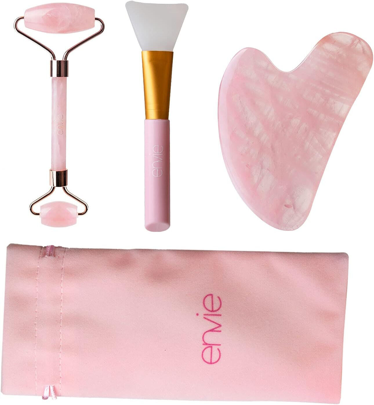 Envie Rosa Quarzo Facciale Roller Set Con 3 Articoli E Rosa Borsa