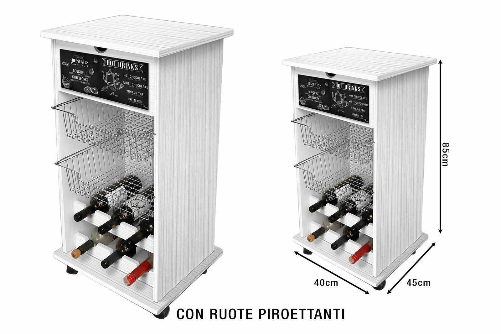CARRELLO CON CASSETTO LAVAGNA PORTAFRUTTA E CON RIPIANI PORTABOTTIGLIE 40X45X85H