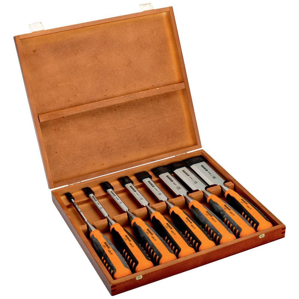 Kit di scalpelli, 6,10,12,16,18,25,32,36 mm, in scatola di legno Bahco