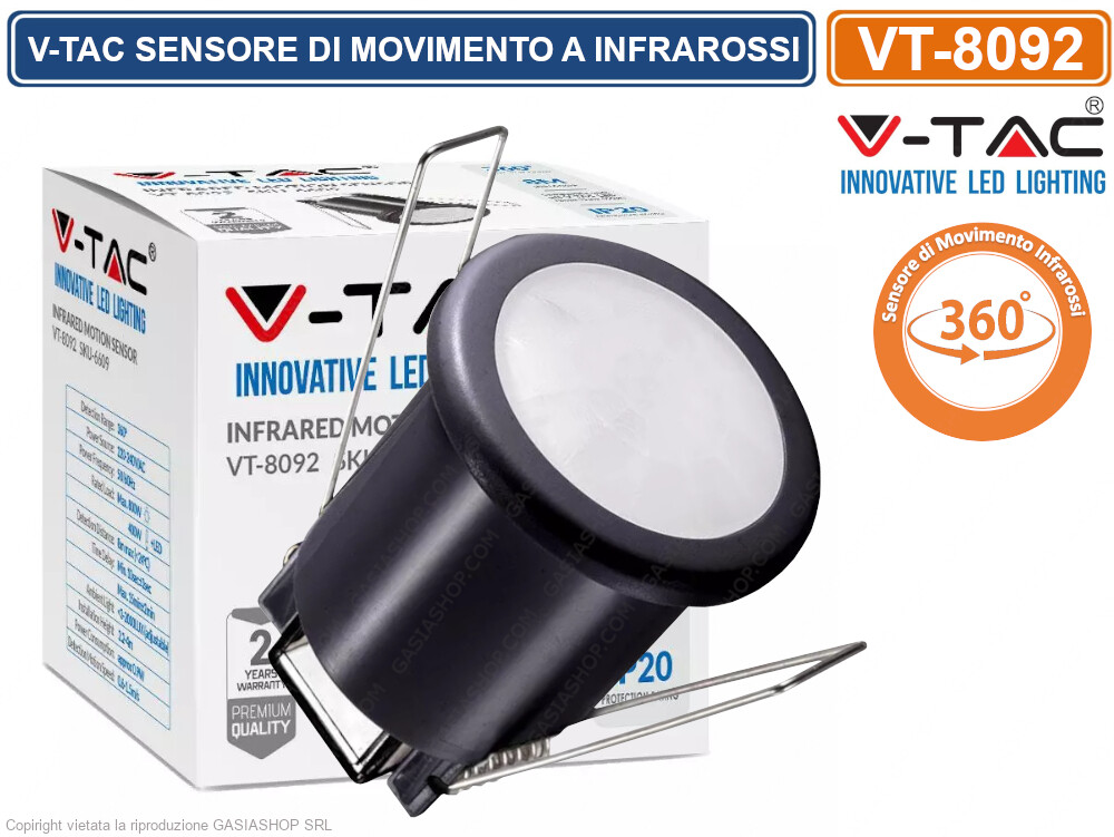 V-TAC VT-8092 SENSORE DI MOVIMENTO INFRAROSSI DA INCASSO PER LAMPADINE LED NERO
