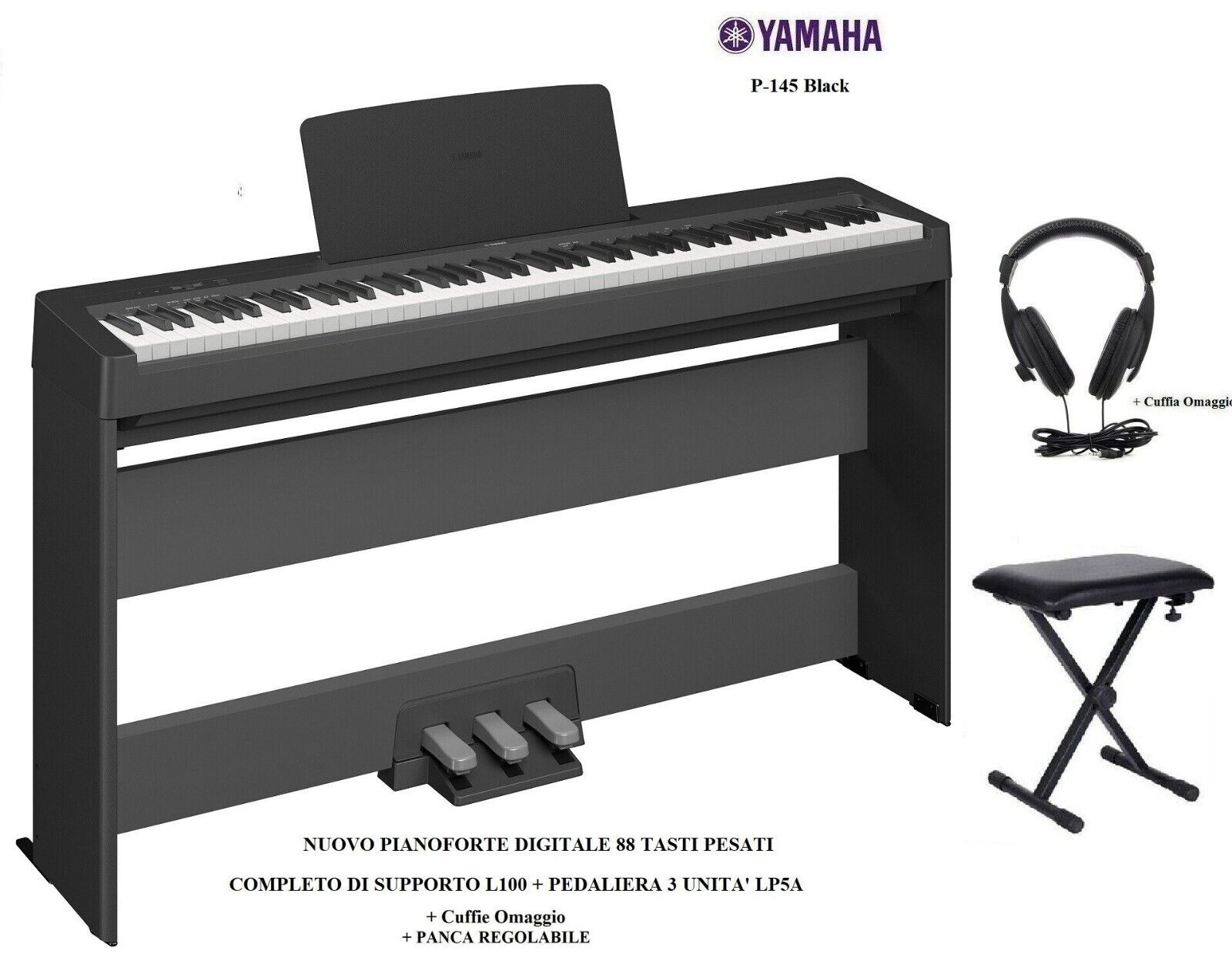 YAMAHA P 145 BK PIANO DIGITALE 88 TASTI PESATI CON STAND L100 e PEDALIERA LP5A