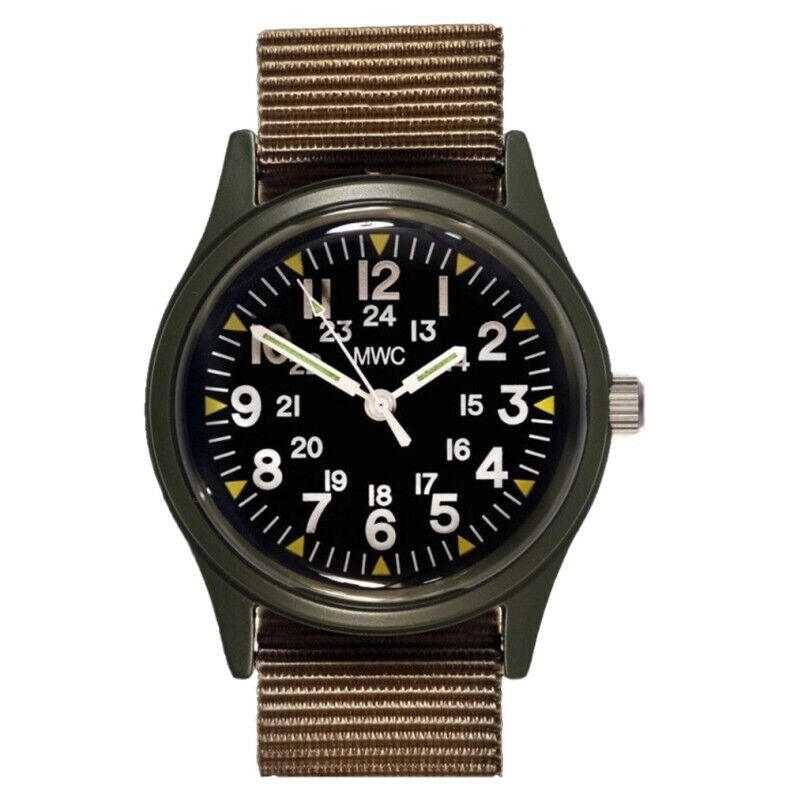 MWC Classic 1960/70s Pattern Olive Quarzo Metallo Verde Tessuto Orologio Uomo