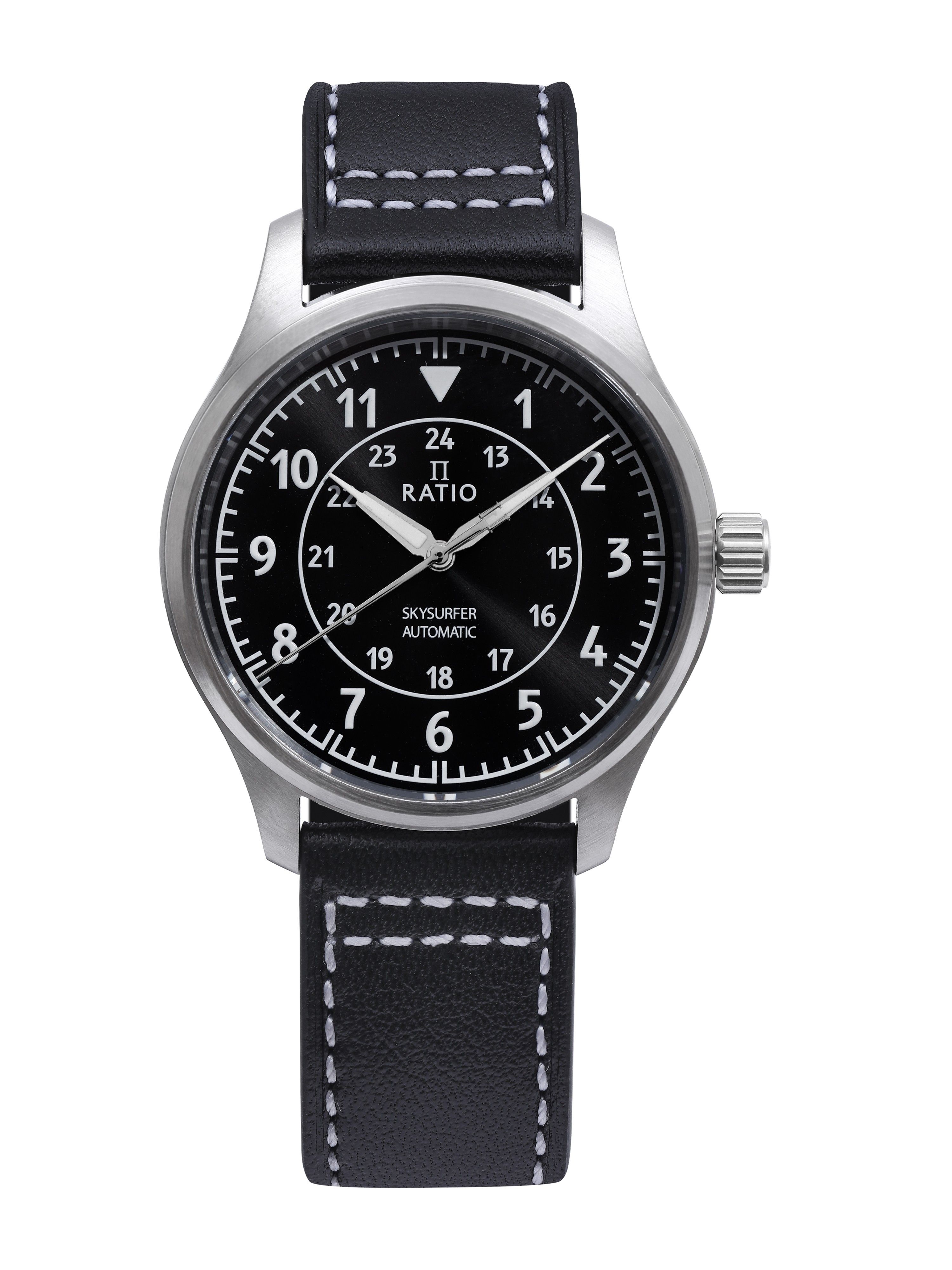 Ratio Skysurfer Pilot Black Sunray Dial Leather Automatic RTS314 200M Mens Watch